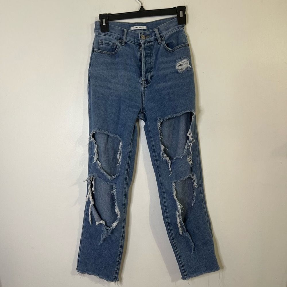 PacSun High Rise Straight Super Distressed Large Hole Button Fly Jeans Size 24
